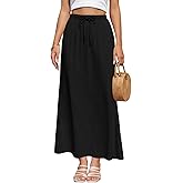 Facogoo Women's Linen Maxi Skirt Drawstring Back Slit Elastic High Waisted Flowy 2026 Summer White Long Skirts for Women