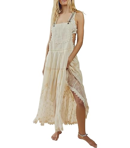 Women's Casual Lace Embroidered Maxi Dress Adjustable Strap Pleated Tiered Swing Long Dress with Pockets (X-Small,Apricot) at Amazon Women's Clothing store