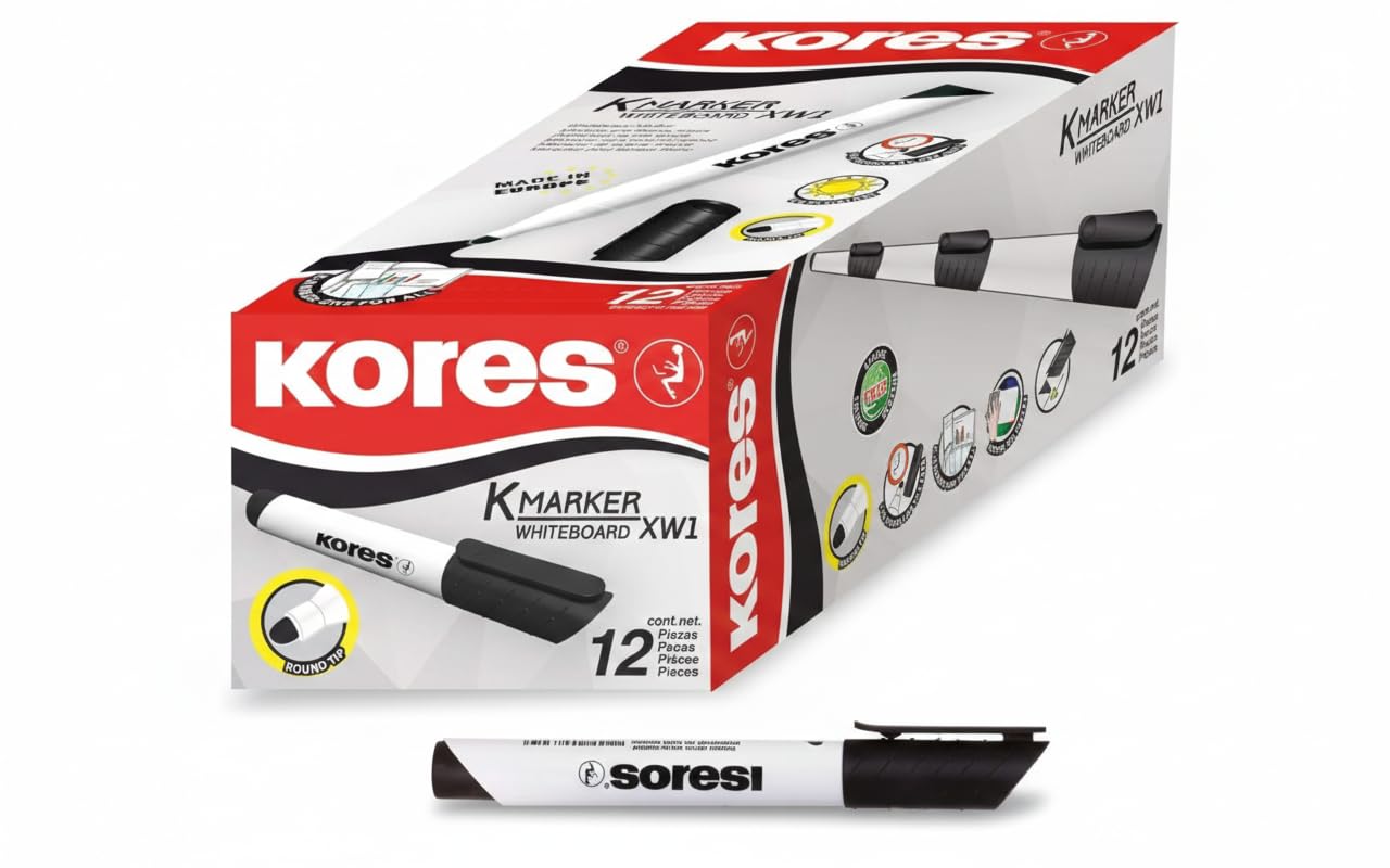 Kores - Black Whiteboard Marker Pens - K-Marker XW2, Chisel Tip with Low-Odour Ink - Dry Wipe Marker Pens - Back to School Supplies, Office Supplies - Pack of 12