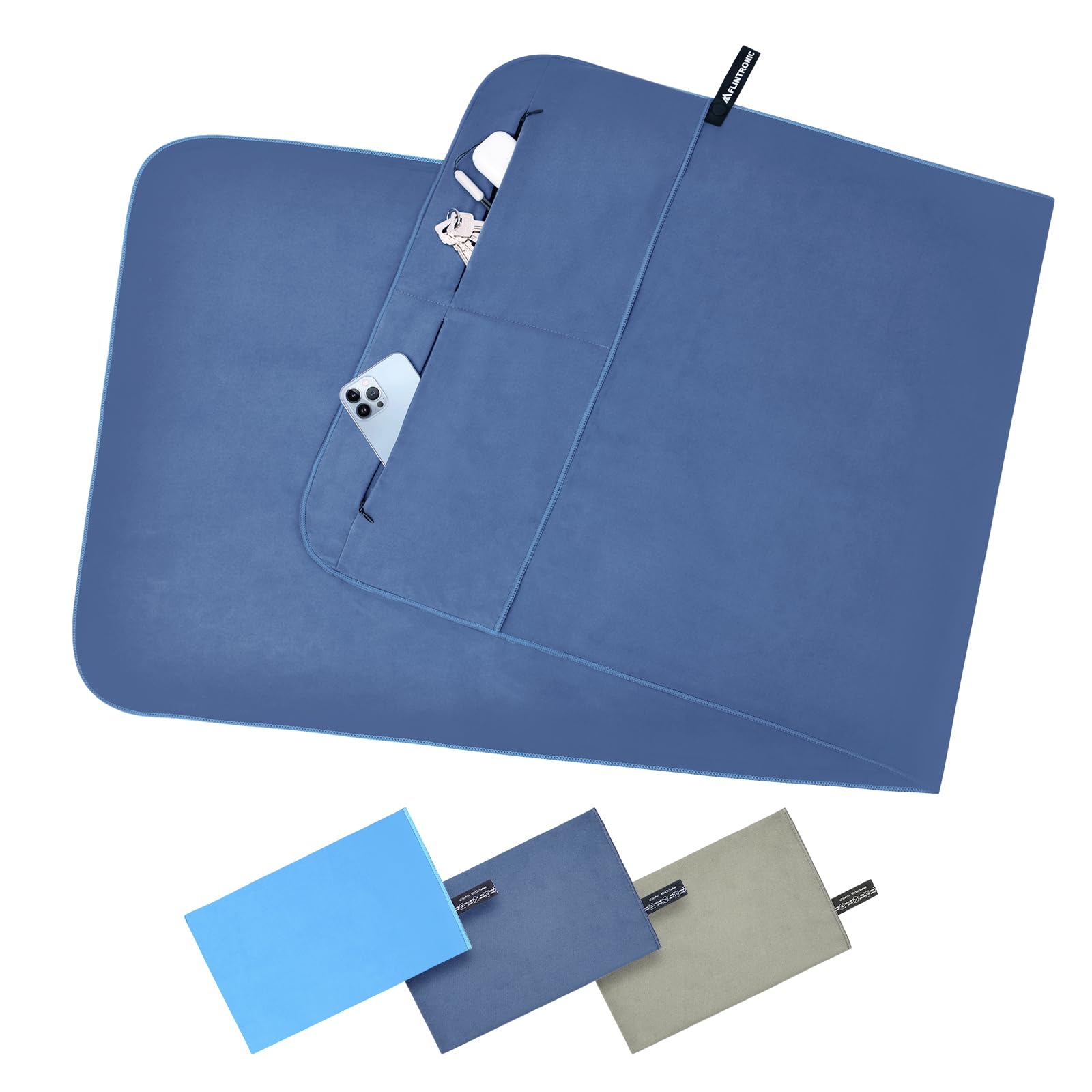 flintronic Microfibre Towel, 130x55CM Microfibre Travel Towel with Zipper Pocket, Lightweight Absorbent, Ultra-lightweight & Fast Drying, for Sports, Gym, Yoga, Camping & Backpacking