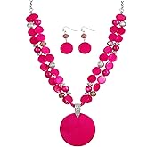 Xalroco Layered Beads Statement Fashion Necklace Chunky Jewelry Set Big Colorful Glass Stone Circle Shell Pendant Choker Necklace and Earring Set for Women