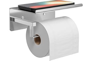 SUSSWIFF Brushed-Nickel Toilet Paper Holder with Shelf - Wall-Mount Or Self Adhesive Toilet Paper Holder,Toilet Roll Holder,Bathroom Toilet Paper Holder,Toilet Tissue Holder,Stick On Toilet Paper Holder