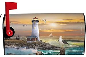 Lighthouse Magnetic Mailbox Cover, Outdoor Mail Cover Letter Post Box, 18x21 in Sea Wave White Cloud Nautical Mailwrap for Ga
