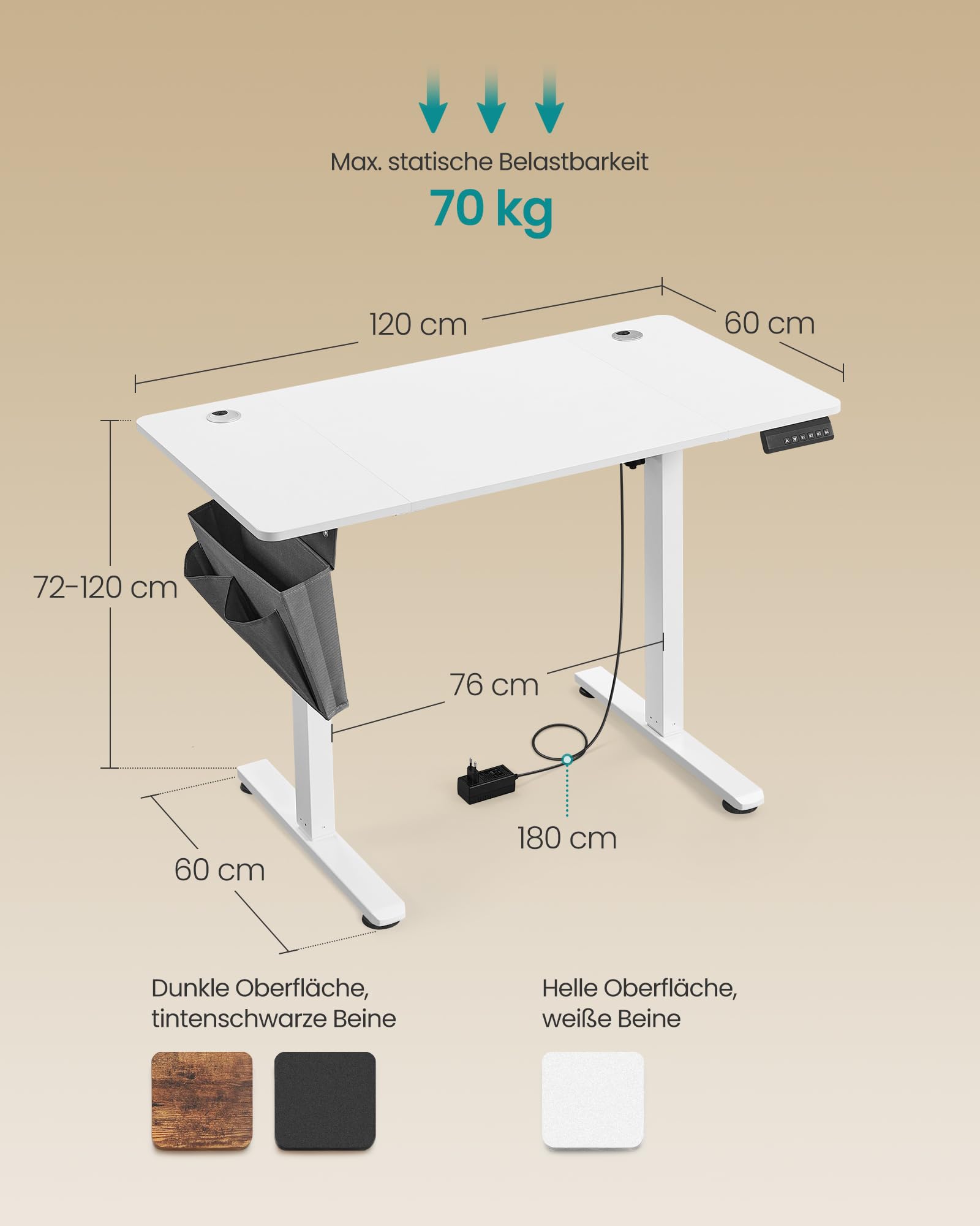 SONGMICS Höhenverstellbarer Schreibtisch elektrisch, 120 x 60 cm, Verstellbarer Tisch, Memory-Funktion für 4 Höhen, für Büro, wolkenweiß LSD132W01 3