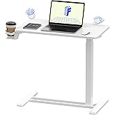 FLEXISPOT H7 28" Pneumatic Height-Adjustable Overbed Table with Wheels | C-shaped bedside table,Medical End Table,Rolling Cart TV Tray,Laptop desk for Hospital Home office use,27.6"Wx15.7"D,White