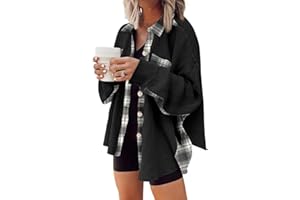 SHEWIN Womens Waffle Knit Plaid Shacket Boyfriend Button Down Shirt Jacket Loose Long Sleeve Tops