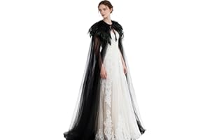L'VOW Women's Gothic Feather Cloak Gothic Tulle Cape with Feather Collar Vampire Cloak Witches Cape Cosplay Costume
