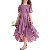 Girls Ruffle Dresses Casual A Line V Neck Short Sleeve Flowy High Low Long Maxi Junior Bridesmaid Party Dress
