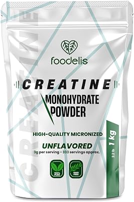 Foodelis creatina monohidratada em pó 1 kg / 1000g | 333 doses | 100% creatina monohidratada micronizada | sem sabor | não ogm | puro sem aditivos | inclui dispensador | alta solubilidade