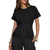 Fisoew Womens Peplum Tops Short Sleeve Babydoll Summer T Shirts Casual Crop Crew Neck Pleated Blouses