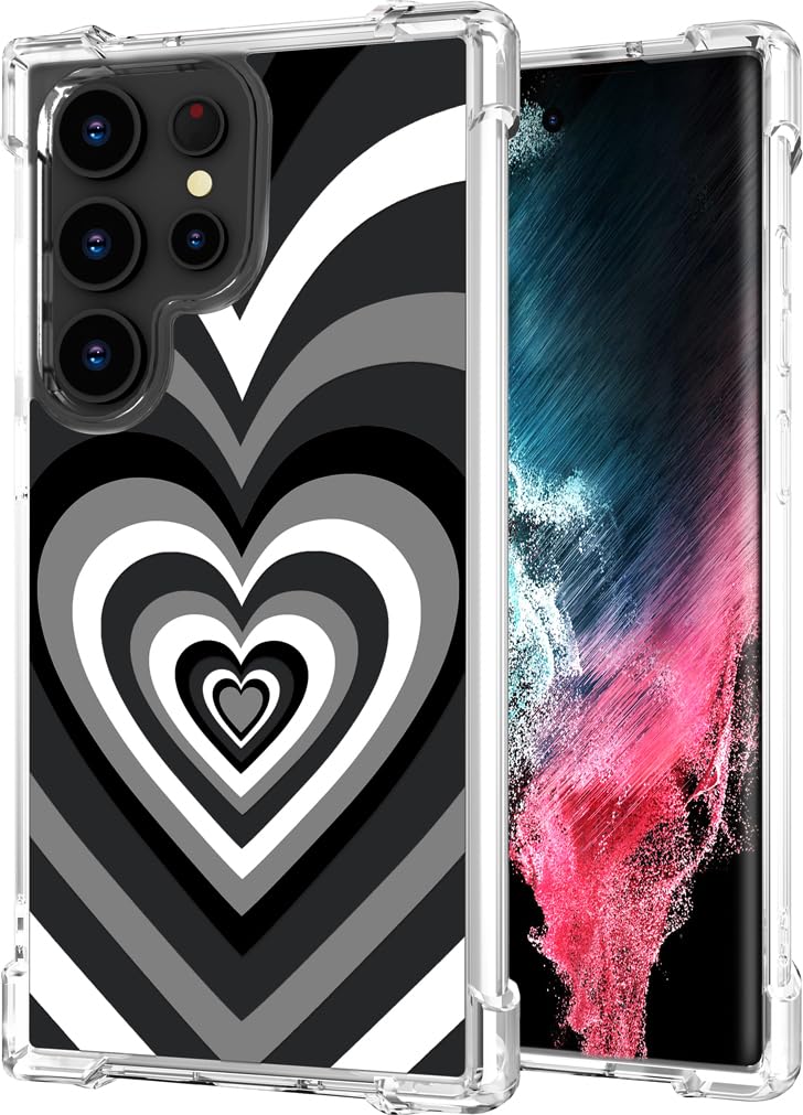 Hungo Compatible for Samsung Galaxy S23 Ultra Case, Thin Slim Cute Girly Skin Cases Protector with Airbag Bumper for Women Girls (Clear Grey Hearts)