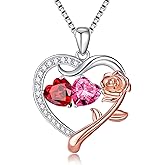 KQ&TTENG Birthstone Necklaces for Women - Rose Flower Heart Pendant Necklace with Double Birthstone Jewelry Anniversary Birthday Gifts for Her Wife Girlfriend Mom