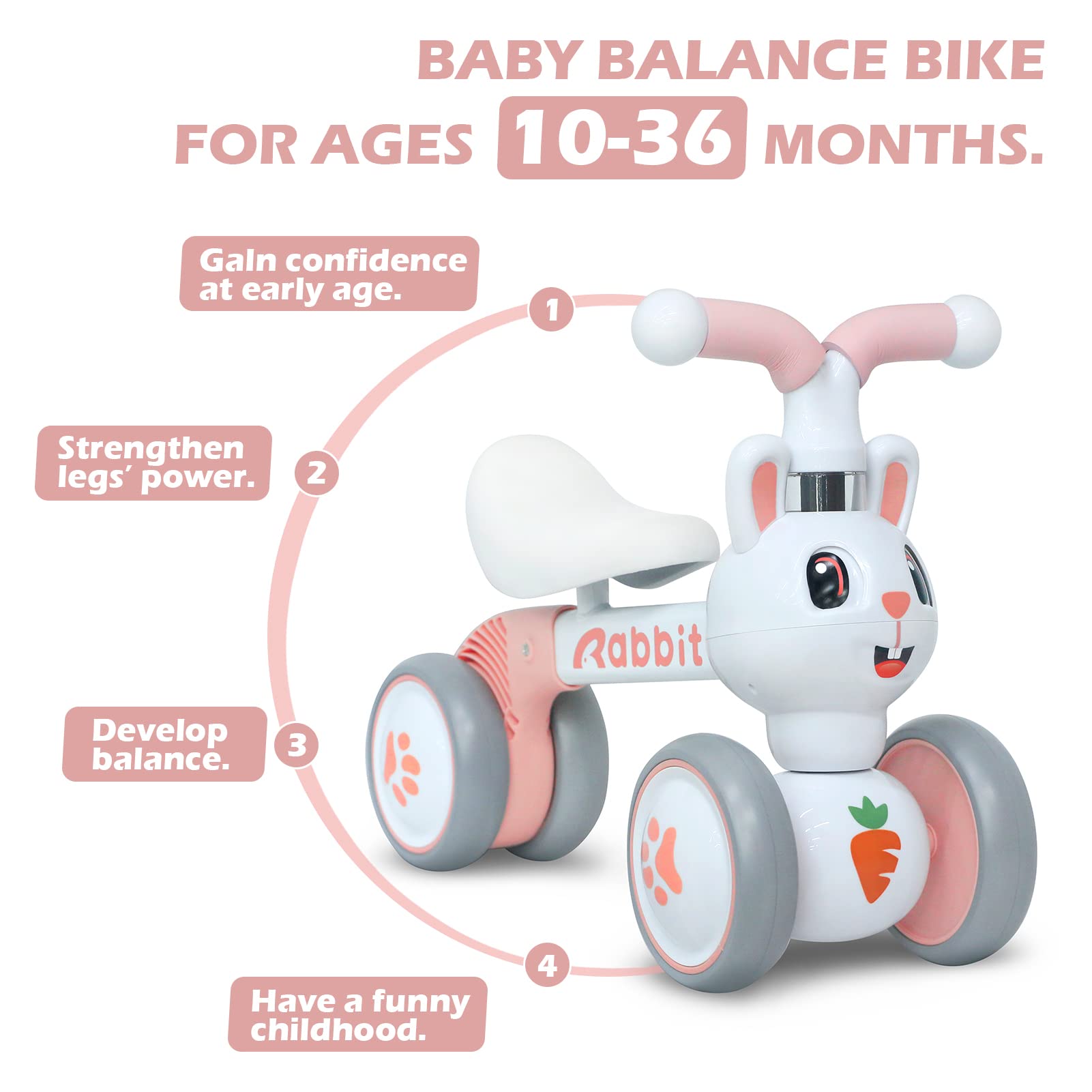 YGJT Baby Balance Bike Toys for 1 Year Old Girls, First Birthday Gifts for 10-36 Months Toddlers Bike, Non-Pedal 4 Silent Wheels Riding Toys, Kids Pre-School First Bike Rabbit