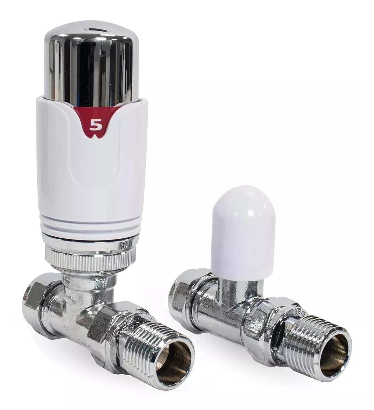 Straight Thermostatic Radiator Valves TRV & Lockshield Pack 15mm x 1/2" Drayton TRV4 Style Chrome/White - TCEM