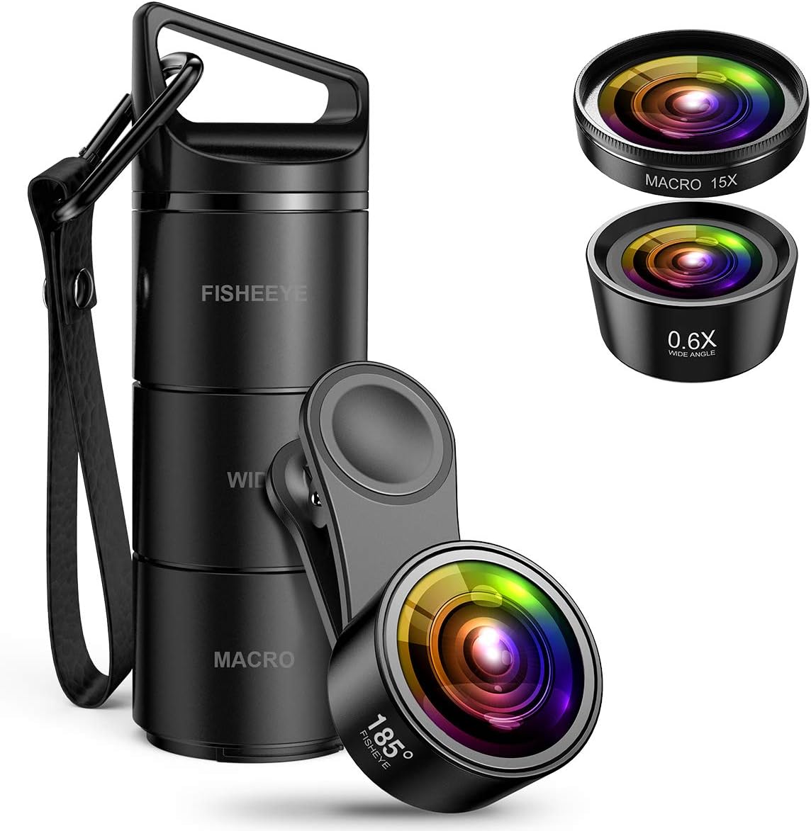 (Upgraded Version) HD Phone Camera Lens, 3 in 1 Phone Lens Kit for iPhone, 185°Fisheye Lens, 0.6X Wide Angle Lens, 15X Macro Lens for TIK Tok Video, Live Show, Video Chat, Vlog, Broadcase, etc