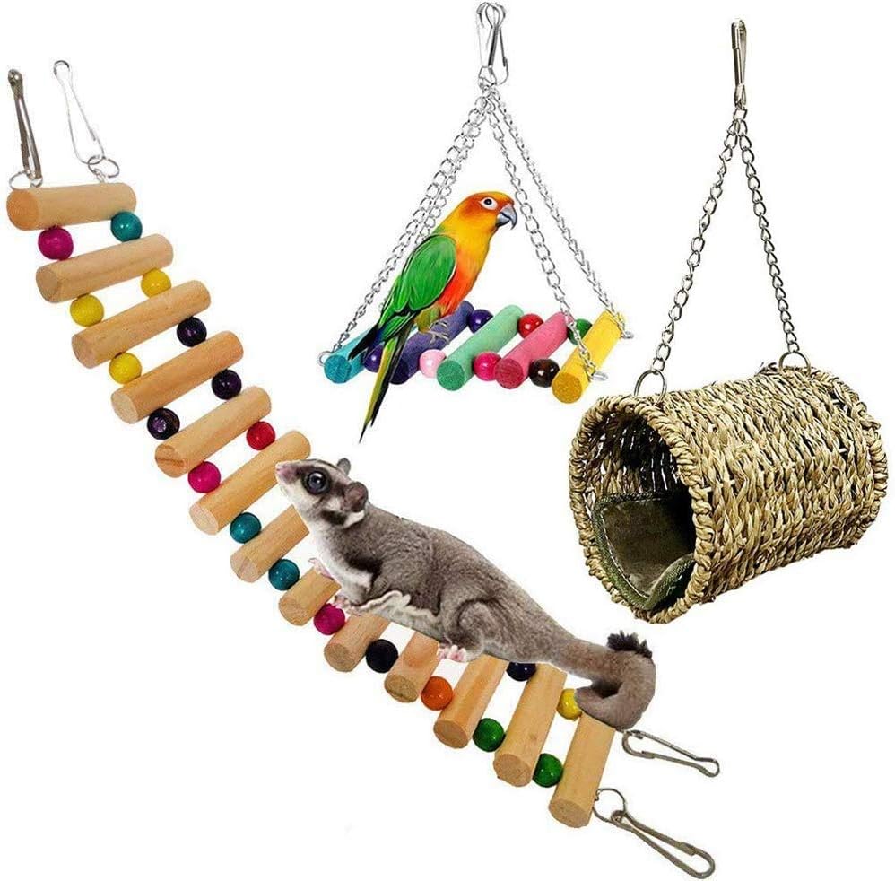 3-Piece Bird Cage Toys, Hamster Climbing Ladder & Swing Hammock for Small Pets, Multicolor, 30cm x 6cm, 11cm x 9cm x 17cm - Image 3