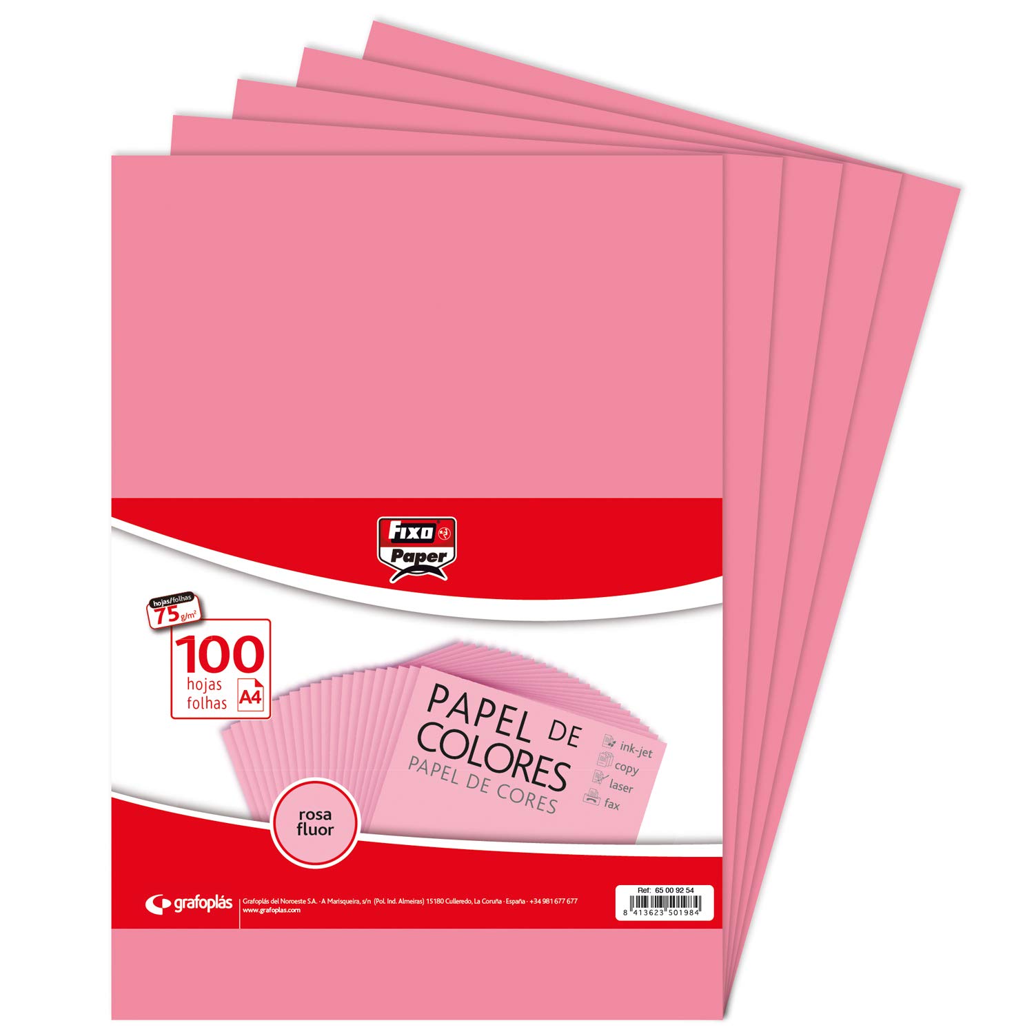 Fixo Paper 65009254 Pack of 100 Sheets of 75 g, Paper, Fluorescent Pink, A4