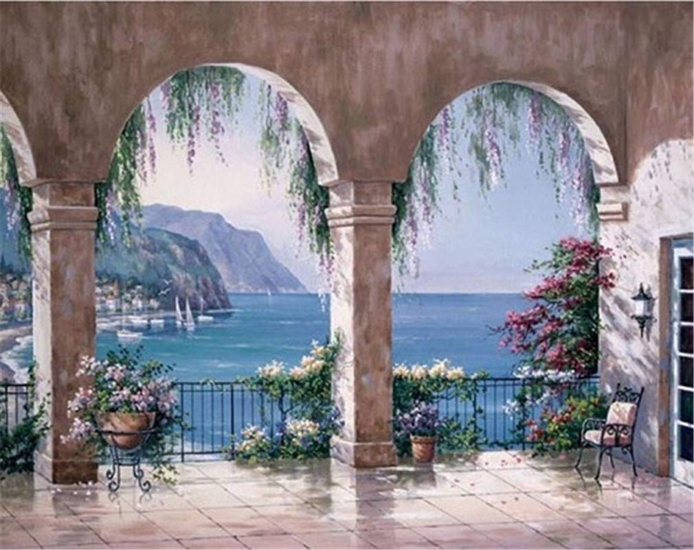 YEESAM ART Paint by Numbers for Adults Beginners Arch Pavilion Sea Landscape 16x20 inch Linen Canvas Acrylic DIY Number Painting Kits Wall Art Decor Gifts