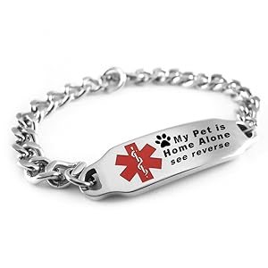 My Identity Doctor - Customizable My Pet is Home Alone Medical Bracelet, Stainless Steel, Red Symbol