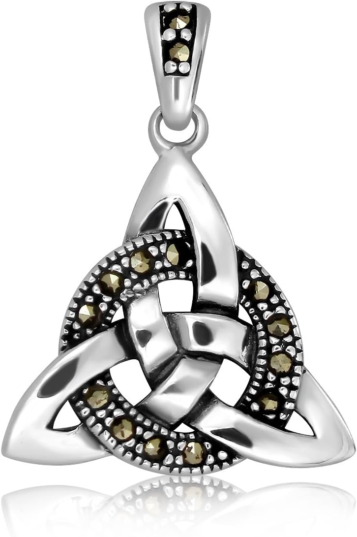 WithLoveSilver 925 Sterling Silver Celtic Trinity Natural Marcasite Ring Pendant