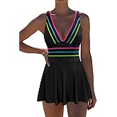 popvil Women's One Piece Swimsuit Swimdress Tummy Control Bathing Suit Adjustable Shell Trim Deep V Neck Swim Dress