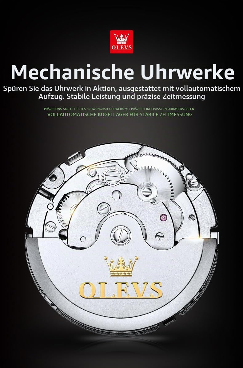 OLEVS Uhr Herren Automatik, Automatik Uhr Herren mit Mondphasenanzeige & Offenem Herzwerk, wasserdichte Herrenuhr Automatik Edelstahl, Uhren Herren für Alltag & Feierlichkeiten 4