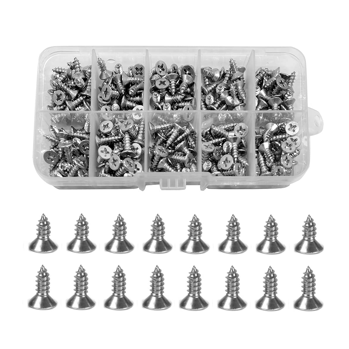 SyiXute 240 Pcs M4 Stainless Steel Self Tapping Screws,Flat Head Wood Srews DIY Woodworking Screws with Storage Box (120 Pcs M4 x 10 mm,120 Pcs M4 x 12 mm)