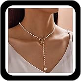 Zeshimb Crystal Pearl Pendent Necklace Gold Y Lariat Necklaces Bow Pearl Choker Necklace Rhinestone Pearl Chain Necklace Jewelry for Women