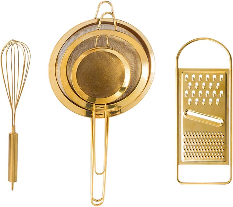 Kitchen Utensils Set Baking Tools Creative, Stainless Steel Include Kitchen Sieve Set (3pcs), Whisk, Grater,Gold