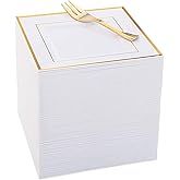 WDF 200PCS Gold Plastic Dessert Plates with Plastic Forks -6” 100 Square Disposable Appetizer Plates Small Plate Cake Plate &100 Gold Small Appetizer Forks for Daily Using Thanksgiving
