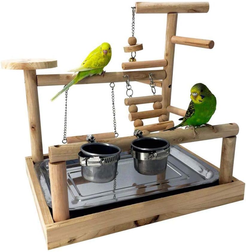 FXQIN Bird Playground Parakeets Wood Perch, Bird Playstand/Wooden Parrot Climb Ladders/with 2 Feeding Bowls and a Stainless Tray/Easy to Clean