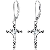TOUPOP Birthstone Cross Earrings 925 Sterling Silver Heart Cross Dangle Drop Earrings Fine Jewelry Birthday Christmas Gifts for Women Her Girlfriend