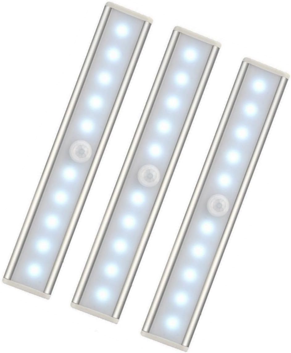 Set of 3 Magnetic 10 LED USB Rechargeable Motion Sensor Night Light, Auto On/Off Cupboard Lights Portable Wireless Gluing Somewhere for Cabinet Wardrobe White [Energy Class A+]
