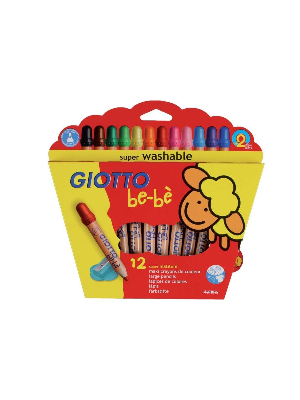 GIOTTO be-bè Large Colouring Pencils Set, 12 Assorted Colours, Super Washable, Suitable for Ages 2+, For Children
