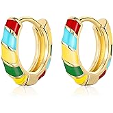 Lansora Colorful Enamel Hoop Earrings for Women 14K Gold Plated Huggie Earrings Color Block Enamel Statement Earrings Hinged Hoop Jewelry