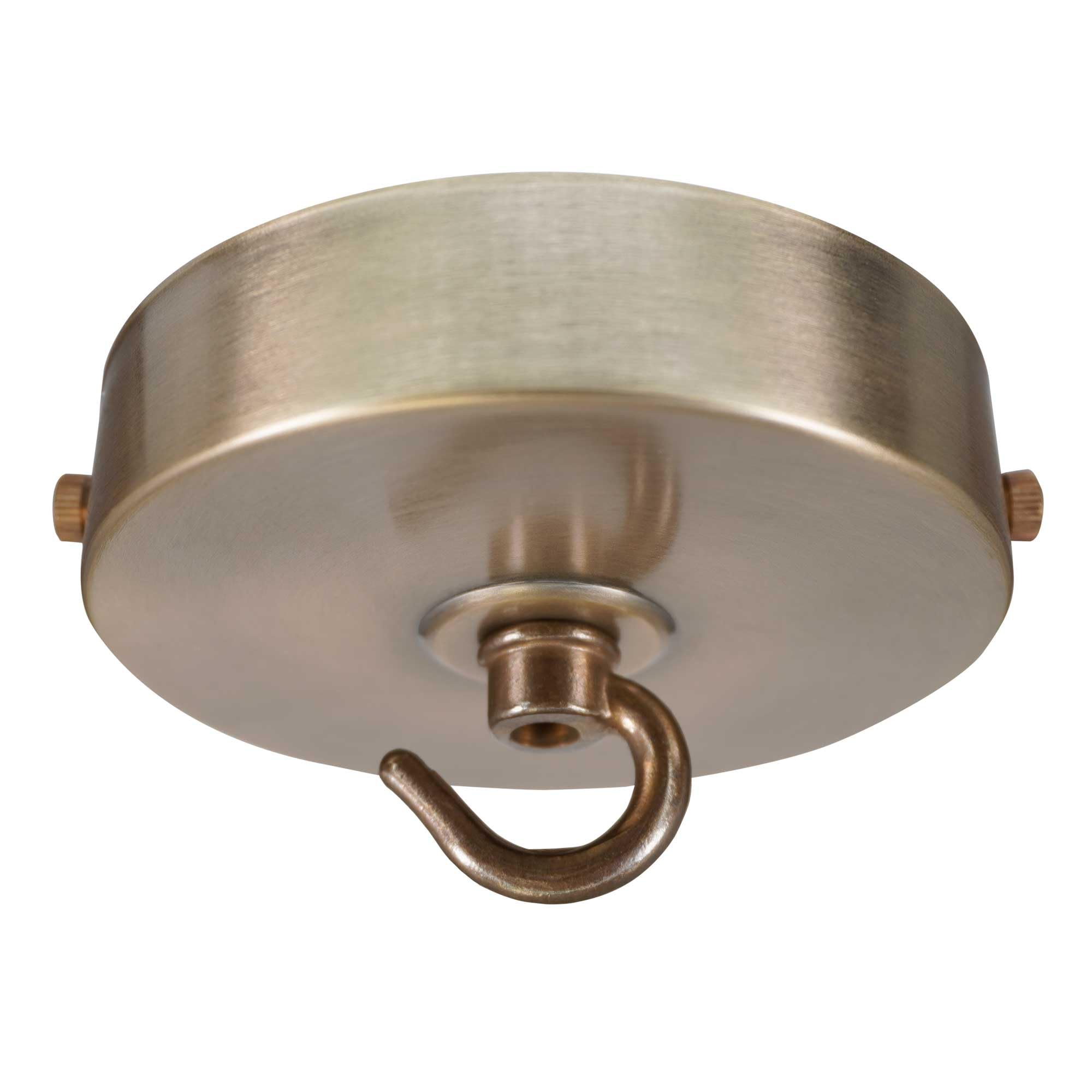 ElekTek 100mm Diameter Flat Top Ceiling Rose with Strap Bracket and Hook for Pendant Light Fittings and Chandeliers. Metallic Finishes Powder Coated Finishes Antique Brass