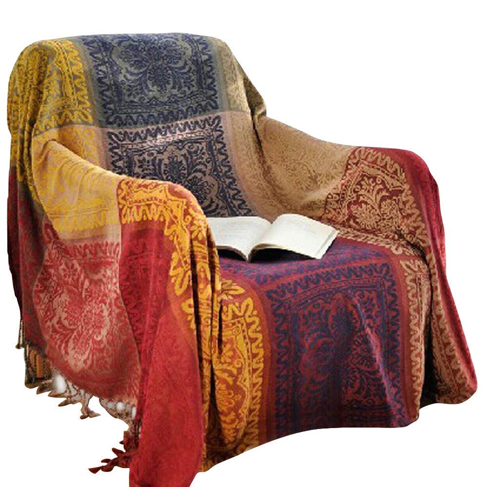 amorus Boho Sofa Throw Cover, Chenille Jacquard Tassels Throw Blankets