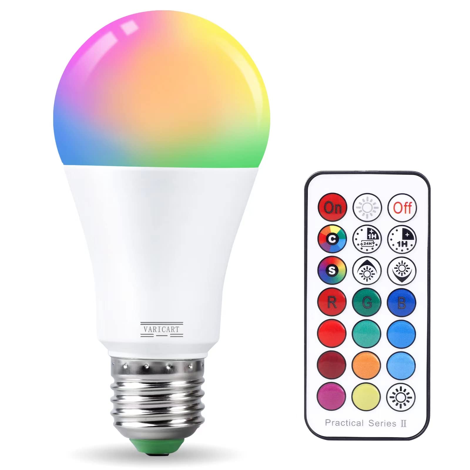 VARICART E27 Colour Changing Light Bulb, 10W RGB LED Light Bulbs with Remote Control Dimmable, Cool White 6000K Edison Mood Lighting 12 Color Timing & Memory 100W Equiv. for Home Bar Party (Pack of 1)