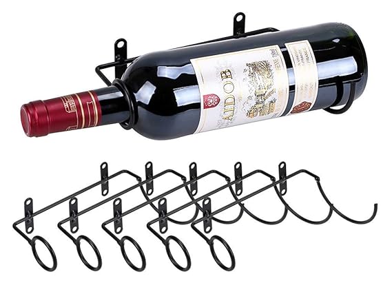 INDIAN DECOR. 2181 Wall Mounted Red Wine Bottle Display Metal Hanging Rack Organizer with Screws for Beverages/Liquor Bottles Storage (Black) - Pack of 5