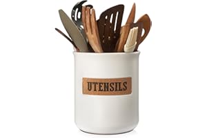 LIFVER Ceramic Utensil Holder for Kitchen Counter, Large Kitchen Utensil Holder for Countertop, Cooking Utensil Holder Vintage for Farmhouse, 6.5-Inch, White