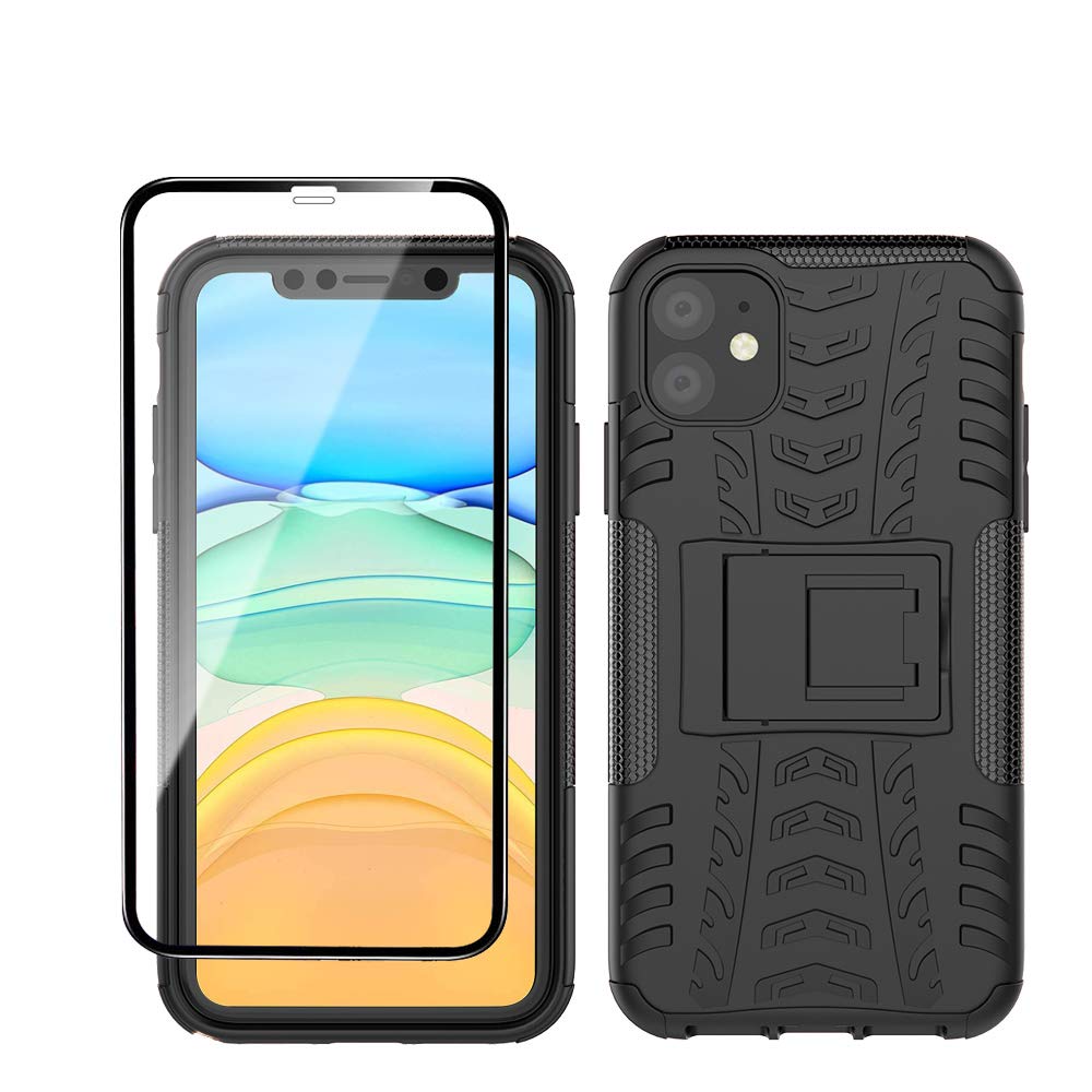 Yiakeng iPhone 11 Phone Case, iPhone 11 Case with Screen Protector, Shockproof Silicone Protective with Kickstand for iPhone 11 (Black) — image 1