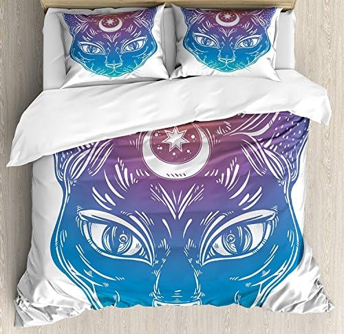 Boho 4 Piece Bedding Set King Size, Cat Head with Moon and Star Spiritual Egyptian Design Lunar Esoteric Figure, Duvet Cover Set Quilt Bedspread for Childrens/Kids/Teens/Adults, Blue Violet Cinnamon