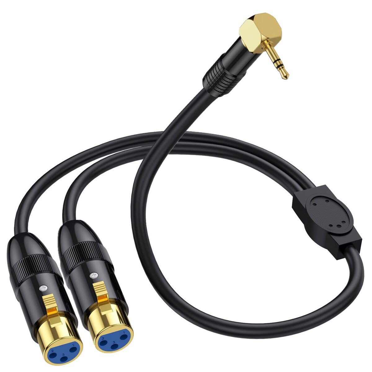 HTGuoji XLR to 3.5mm Y Splitter Cable, Right Angle 90Deg 3.5mm Mini Jack Stereo Male to 2 XLR Female Microphone Connector, 1/8 inch TRS to Dual XLR Female Cord for Laptop, Camera, Sound, DV (50 cm)