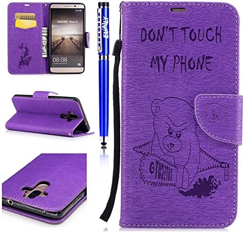 FESELE Huawei Mate 9 PU Leather Wallet Case Cover Cute Bear Painted [DON'T TOUCH MY PHONE] Pattern PU Leather Case Book Style Magnetic Closure PU Leather Wallet Elegant Classic Flip Cover Case Card Slot and Banknotes Pocket with Hand Strap For Huawei Mate 9 + 1 x Blue Stylus Pen- Purple