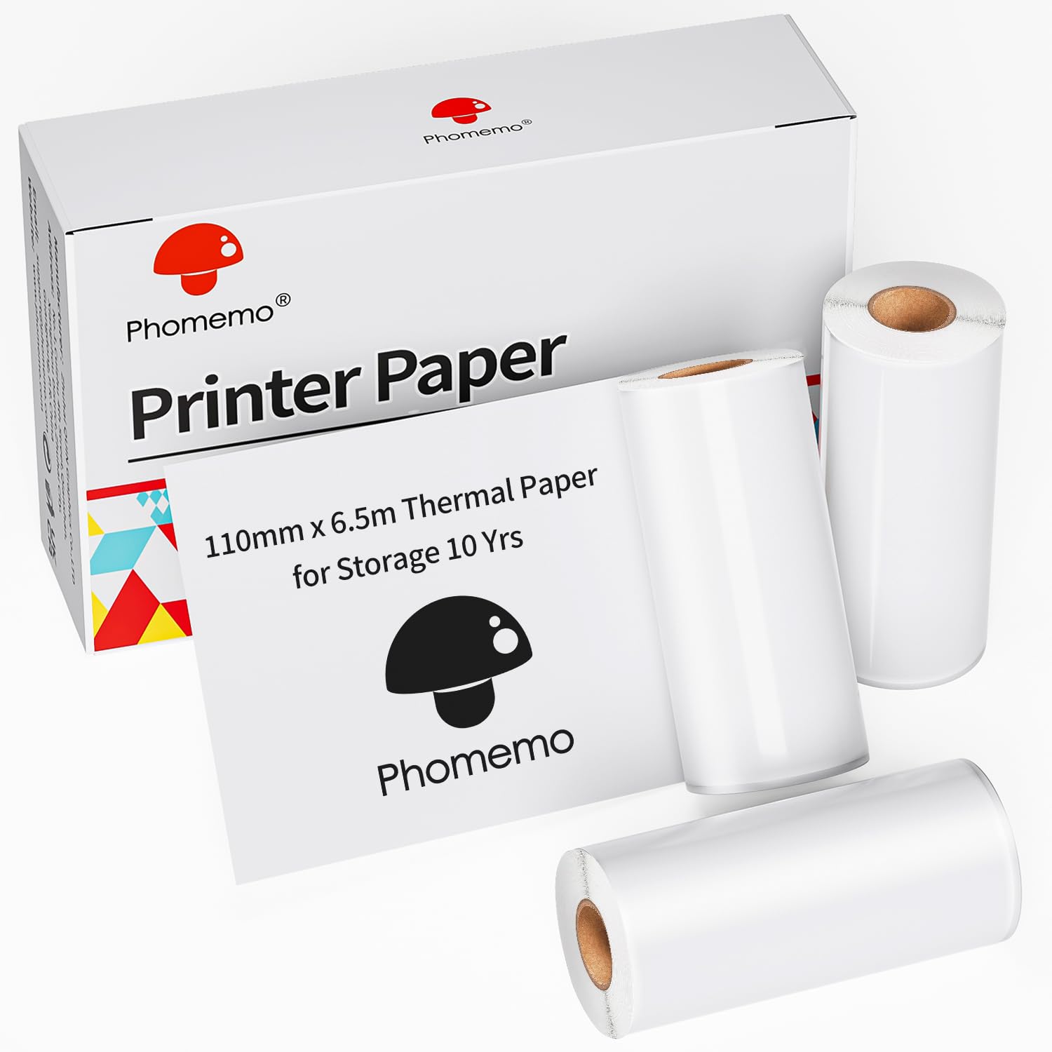 Phomemo 110mm White Writable Thermal Paper 3 Rolls, BPA Free, Compatible with Phomemo M832/M834 Portable Printer for Home, Photo, Schedule, 6.5M/Roll