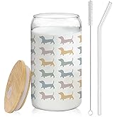 BEHIFL Colorful Dachshund Dog Glass Cup with Lids and Straws 14oz, Long Haired Dachshund Gifts, Weiner Dog Gifts for Women Iced Coffee Tumbler Drinking Jars with Cleaning Brush