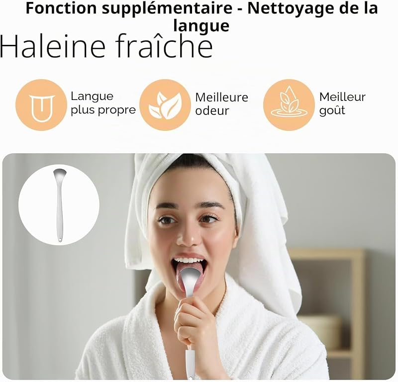 Brosse À Dent Électrique Sonique avec Gratte Langue pour Adulte, 6 Têtes de Brosse, 3 Modes et 40 000 VPM, Charge Rapide 3H 45 Jours, Aspect Métal (Or Rose)