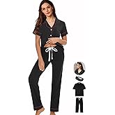 WJing Yi Jia 3Pcs Soft Pajama Sets For Women XS-XXL Womens Pajamas Set Sleepwear Button Down Short Sleeve Long Pants Pj sets