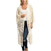 FaroDor Women Flowy Lace Kimono Cardigan Crochet Summer Open Front Bathing Suit Long Beach Cover Up Beige