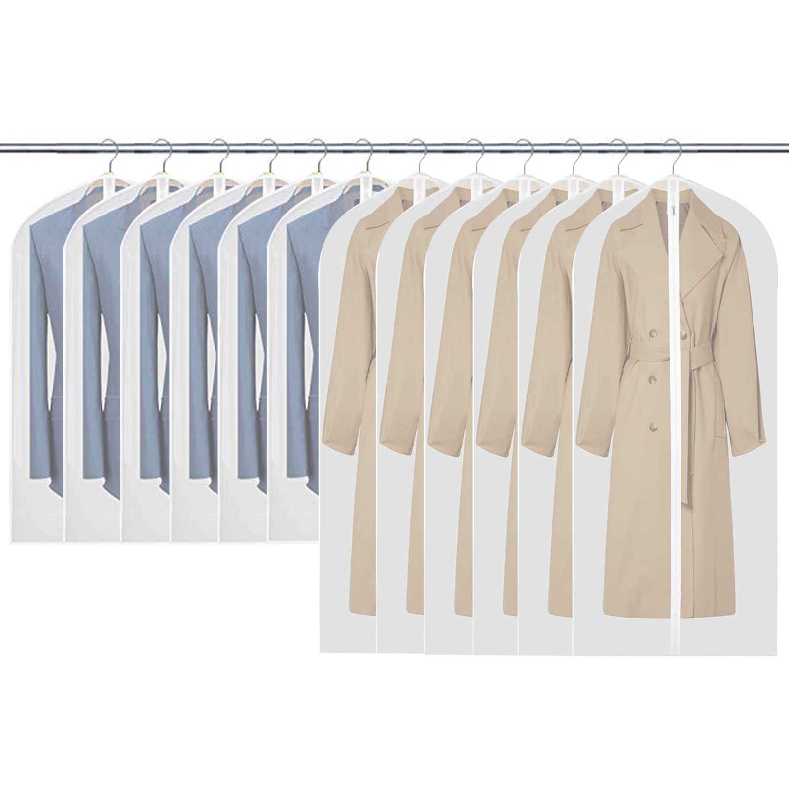 Garment Bags, 12 Pack Set 60 x 100cm / 60 x 120cm Breathable Suit Bag Covers with Zip, PEVA Clothes Cover Bags Coat Garment Bags Waterproof Moth Proof Dress Cover Bags for Wardrobe Storage and Travel